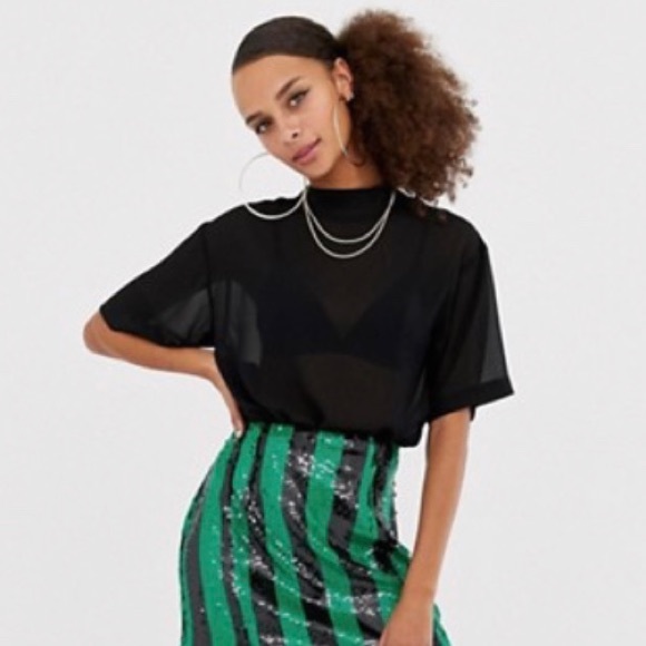 Collusion- Sheer High Neck Woven T-shirt - Picture 3 of 8